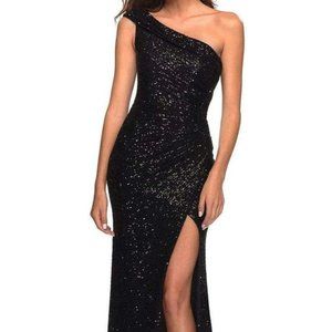 La Femme Black Sequin One Shoulder Foldover Ruched Gown